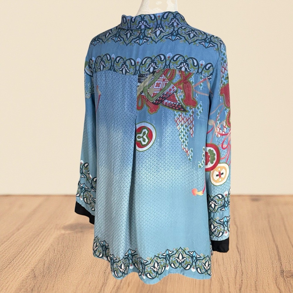 Citron Santa Monica 100% Silk Crane Print Blouse Top Sz L Denim Blue and Black - Picture 7 of 14